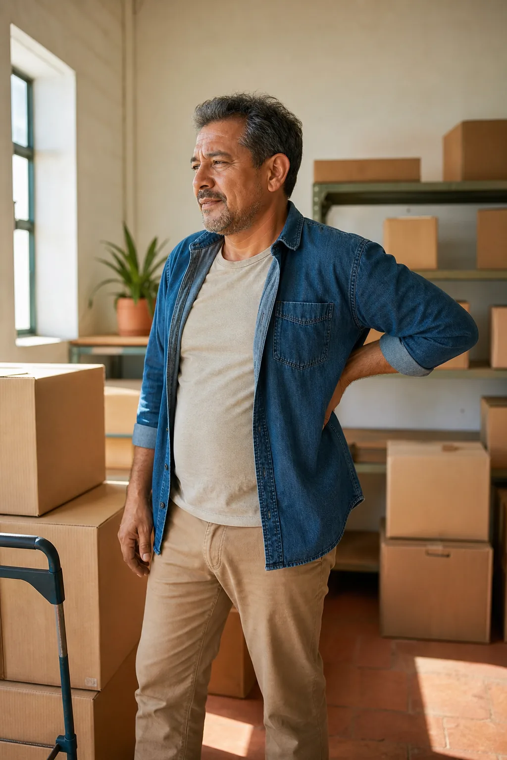 Trabajador mexicano hace una pausa después de mover cajas y apoya una mano en la espalda baja