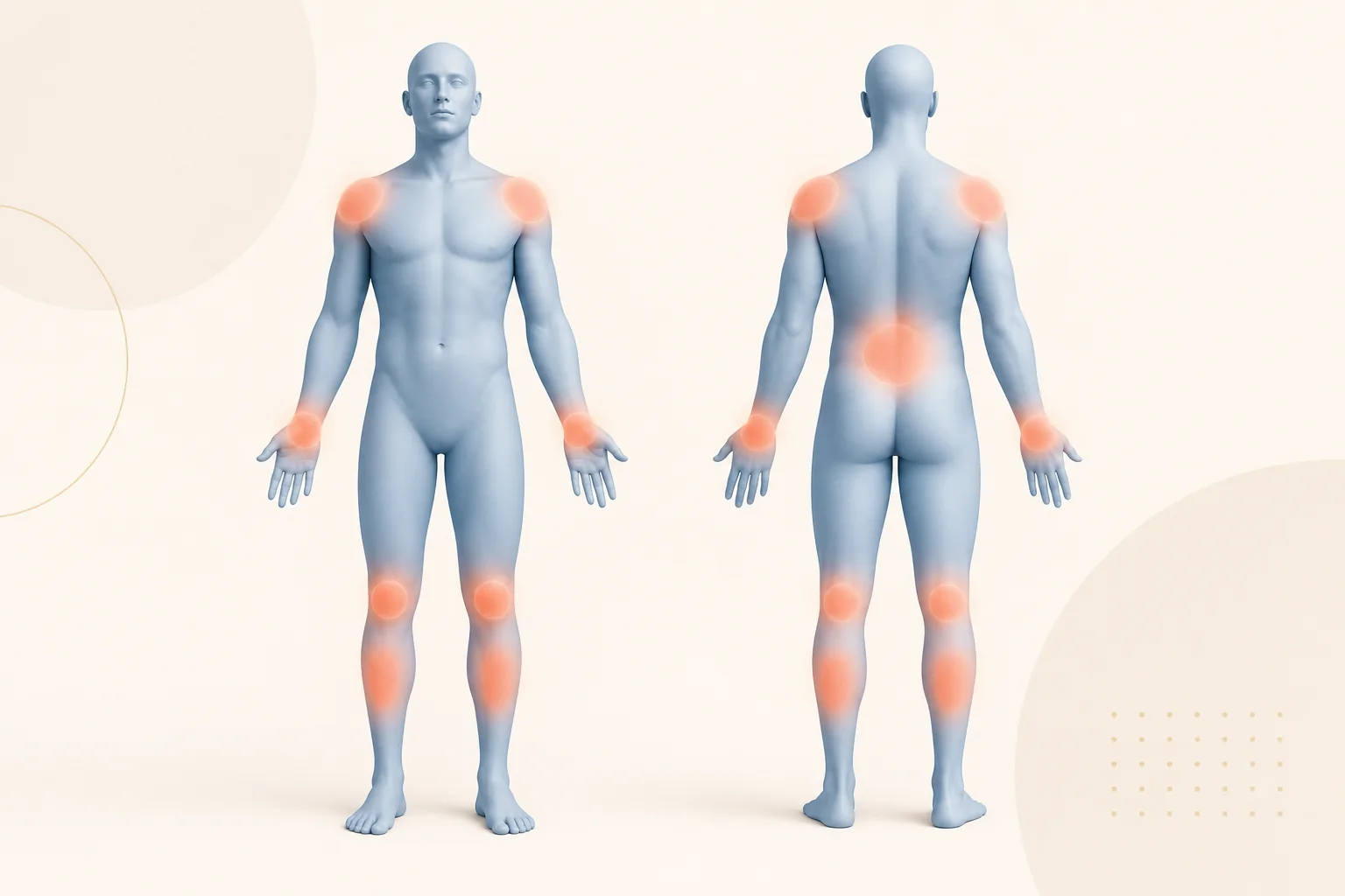 Vista frontal y posterior con hombros, espalda baja, muñecas, rodillas y pantorrillas resaltadas como zonas externas de masaje