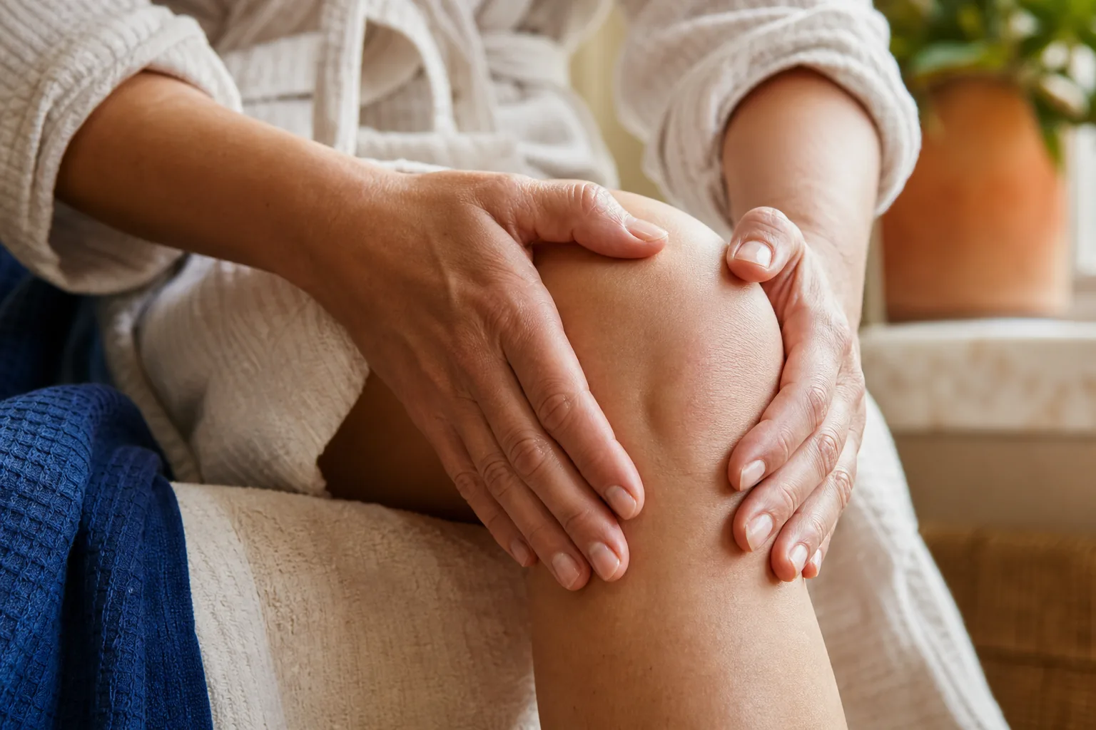 Manos adultas realizan un masaje circular suave alrededor de la rodilla