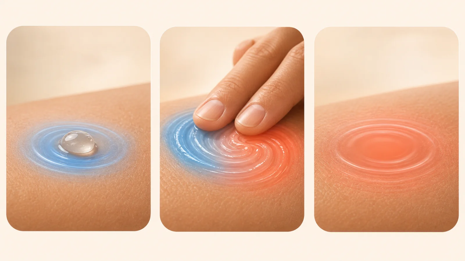 Secuencia de una gota de gel, masaje circular y transición visual de frescura azul a calor coral