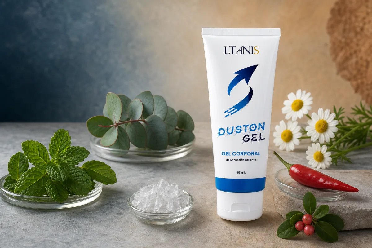 Duston Gel junto a menta, eucalipto, manzanilla, chile y cristales transparentes